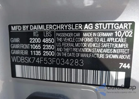 2003 Mercedes-Benz Sl 55 Amg from USA, damaged, VIN WDBSK74F53F034283